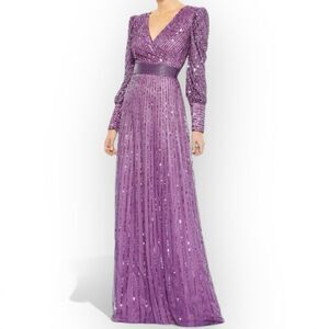 Mac Duggal 5720 Size 4 Gown Purple V-Neck Sequined Wrap‎ Bishop Long Sleeve